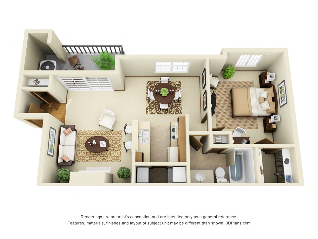 Floor plan for 1 bed, 1 bath, 870 sqft